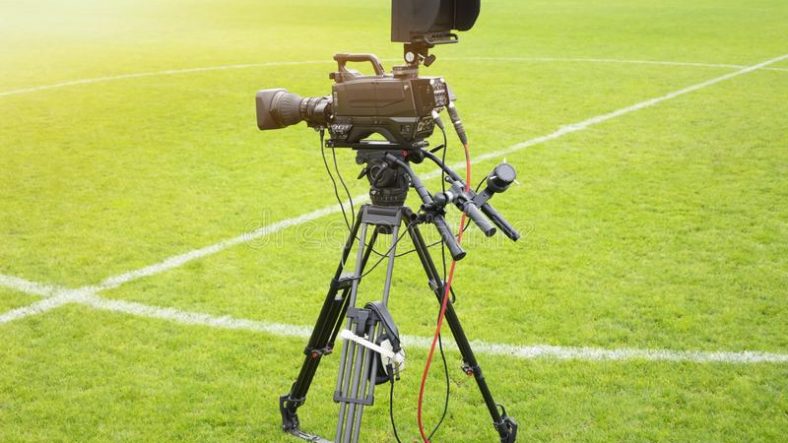 tv camera stadium broadcasting football soccer match tv camera stadium broadcasting football 130880069