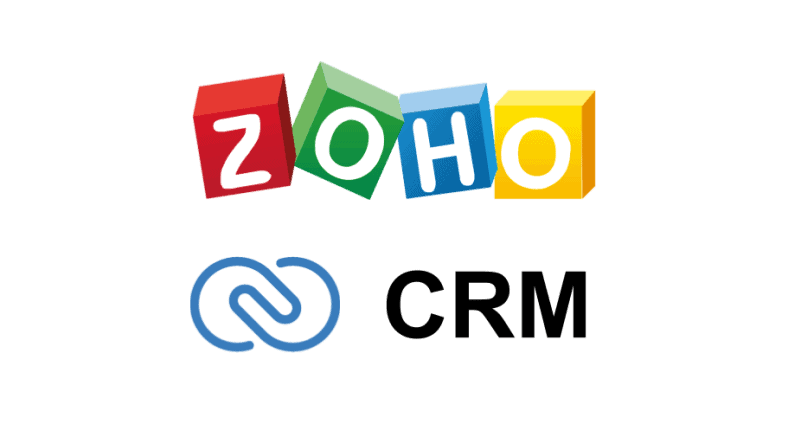 Zoho CRM dashboard, with graphs and charts showing sales performance and customer data.