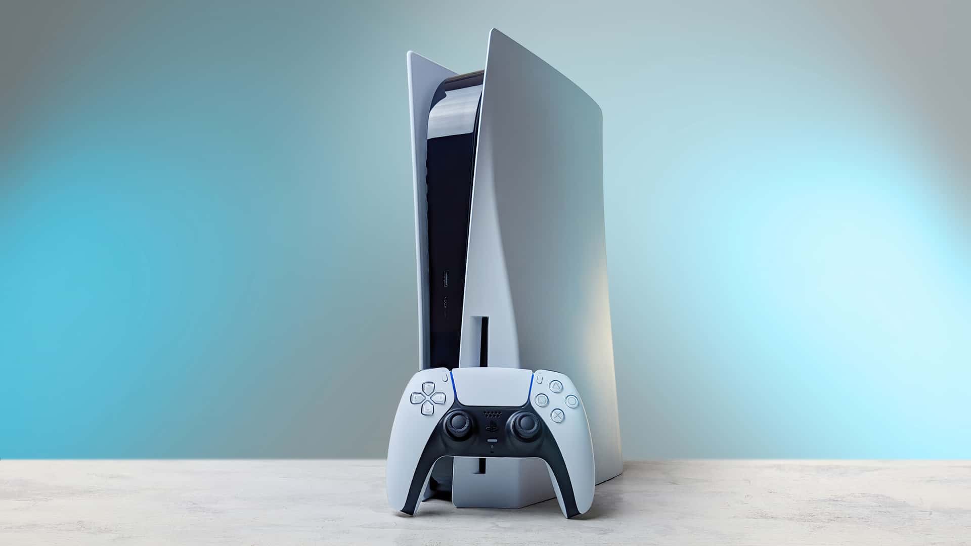 showcasing the sleek and futuristic design of the PS5, representing the next generation of gaming technology.